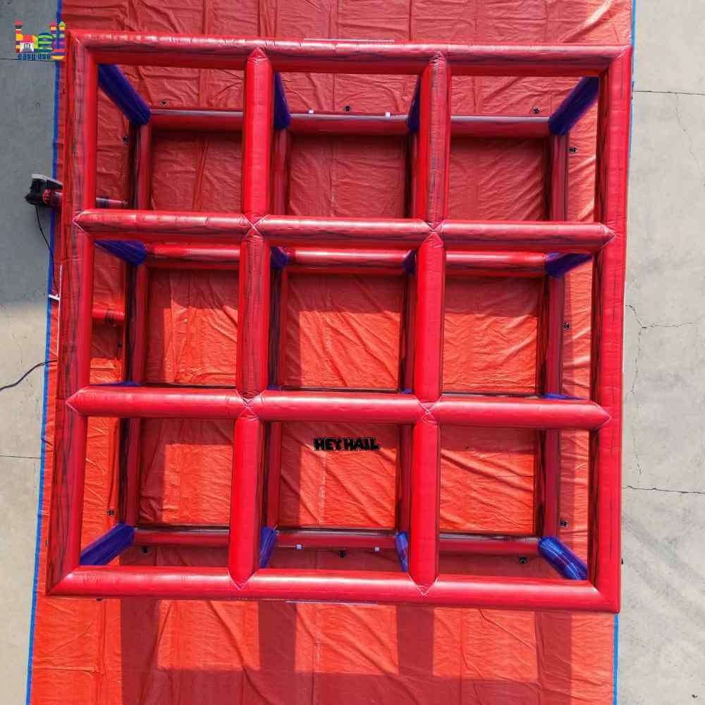 Overhead view of inflatable volleyball frame showing the three-by-three grid layout