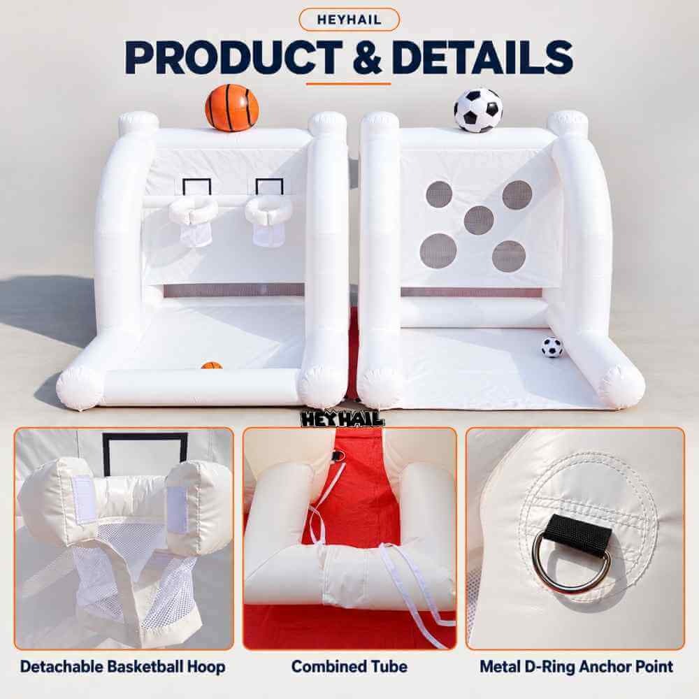 Product detail collage showing basketball hoop, inflation tube and anchoring hardware