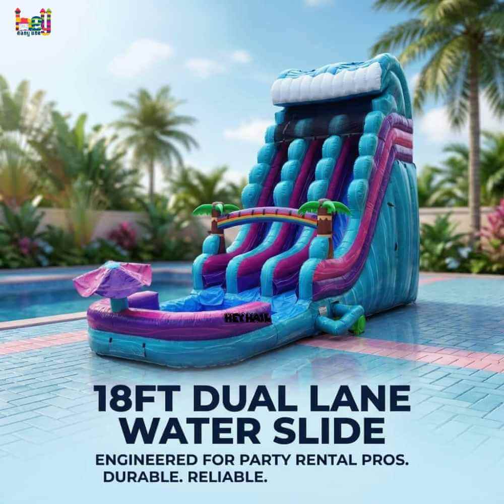 18ft Teal Tropical Dual-Lane Water Slide with Pool