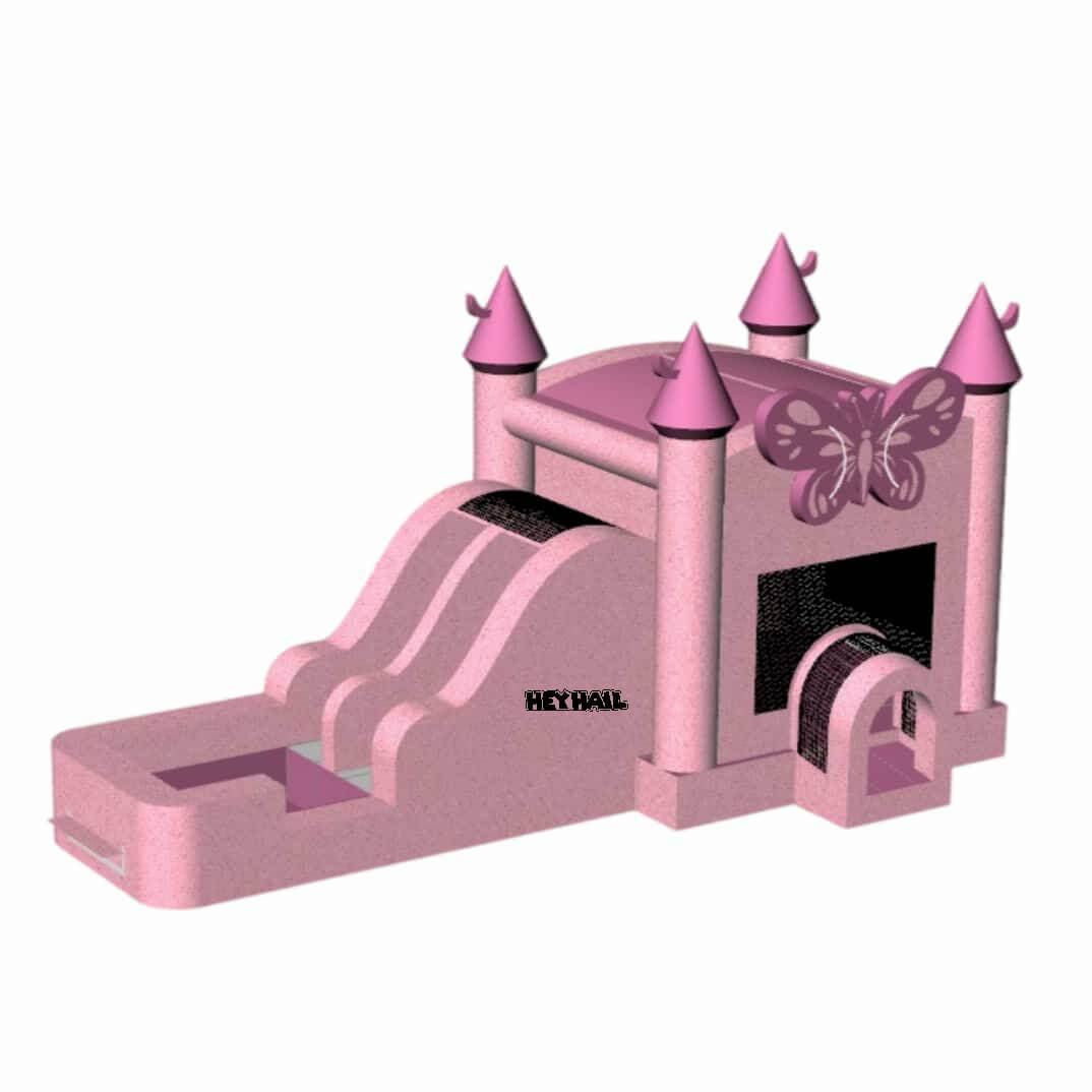 Pink glitter castle bounce house with slide, front view