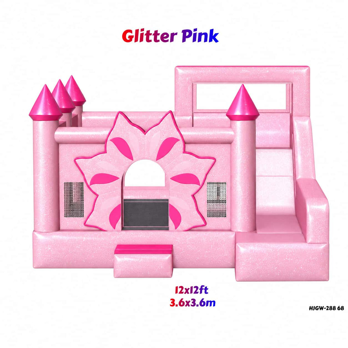 12 x 12 ft glitter pink flower bounce house with castle towers and side slide