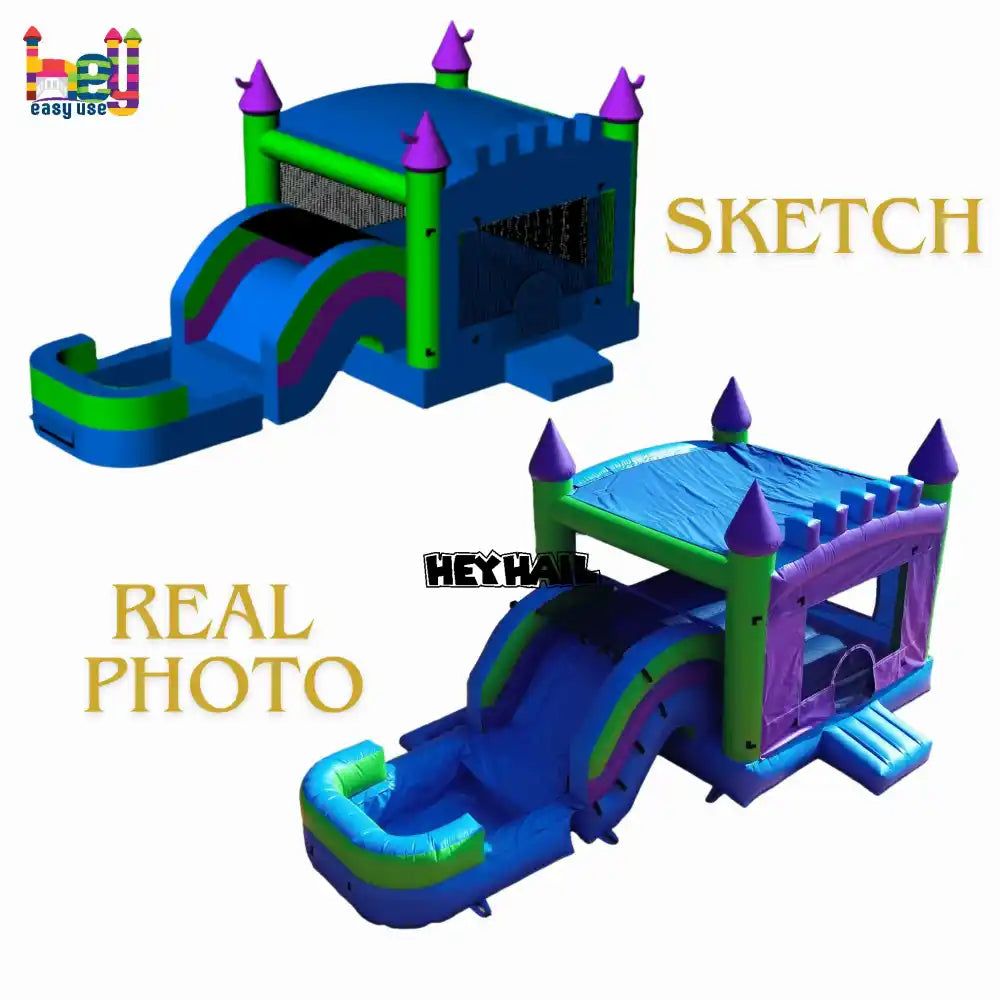 Product graphic comparing a blue, green, and purple single-lane inflatable castle combo with a slide and landing pool