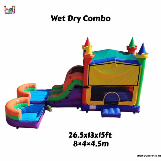 Product graphic showing a multicolor wet dry inflatable combo with a blue-and-yellow bounce house, dual-lane slide, and two attached landing pools