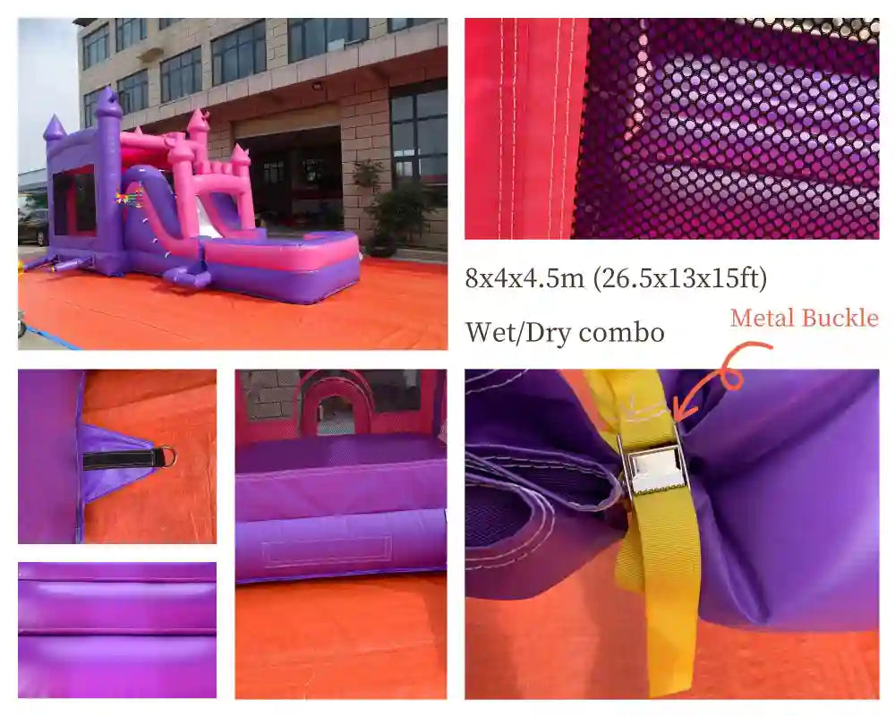 Feature collage showing a purple-and-pink wet dry inflatable combo with detail views of safety netting, slide seams, and a metal buckle