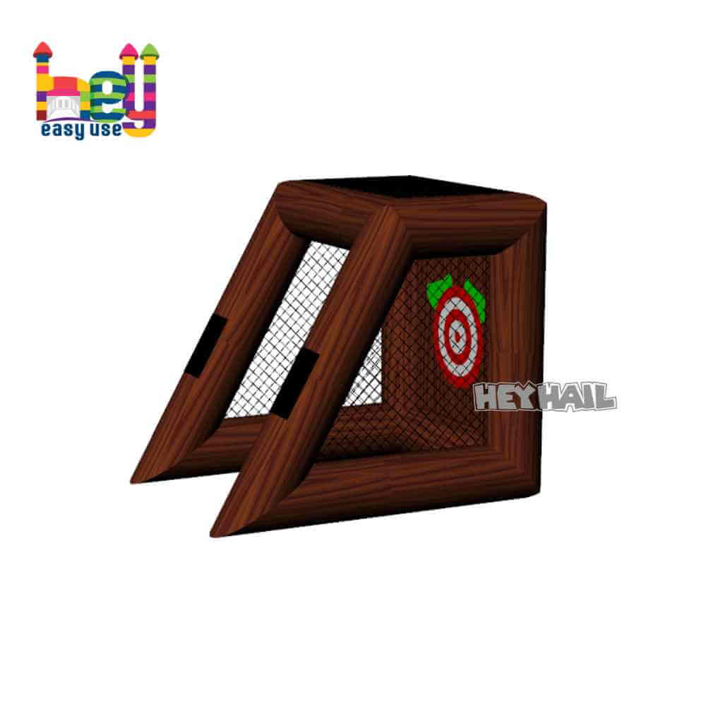 Angled rendering of wood-look inflatable target game with mesh side panel