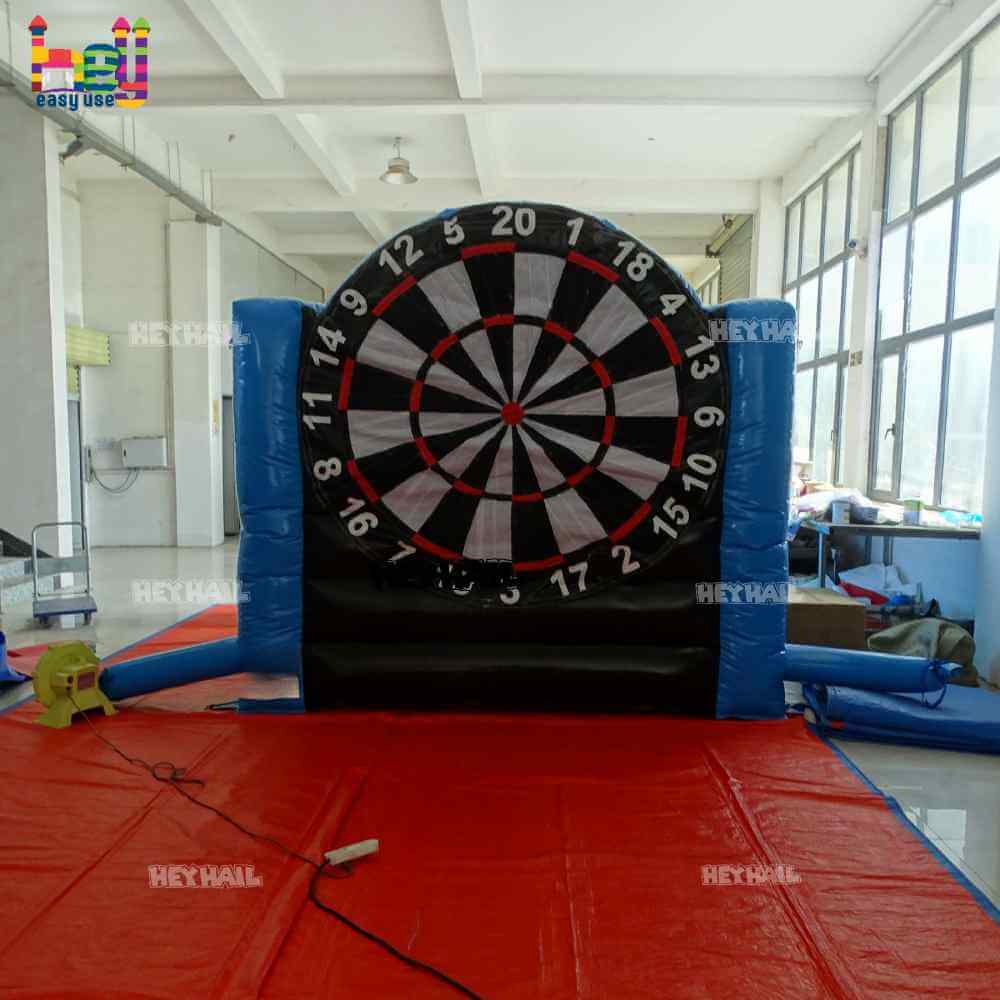 Rear view of the numbered dartboard on the blue-and-gray inflatable game