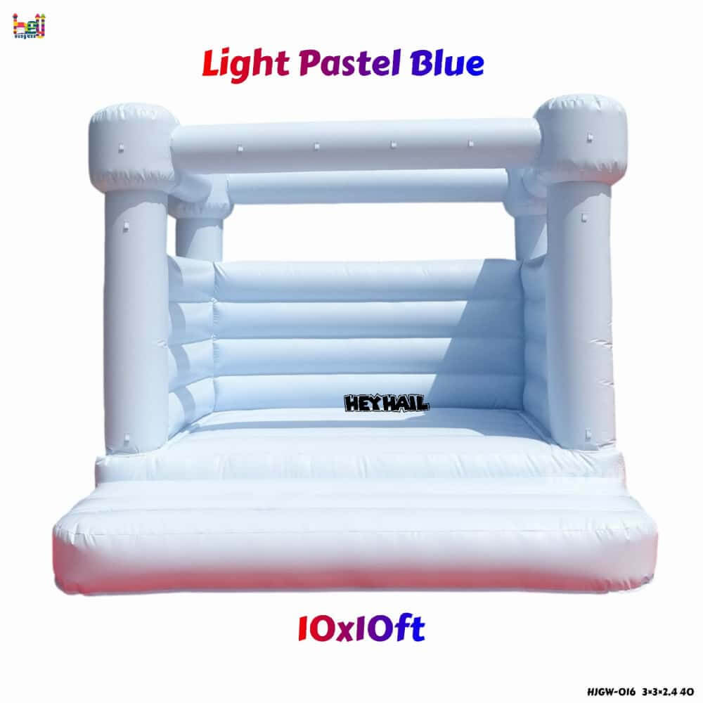 light pastel blue 10ft bounce house, front product overview