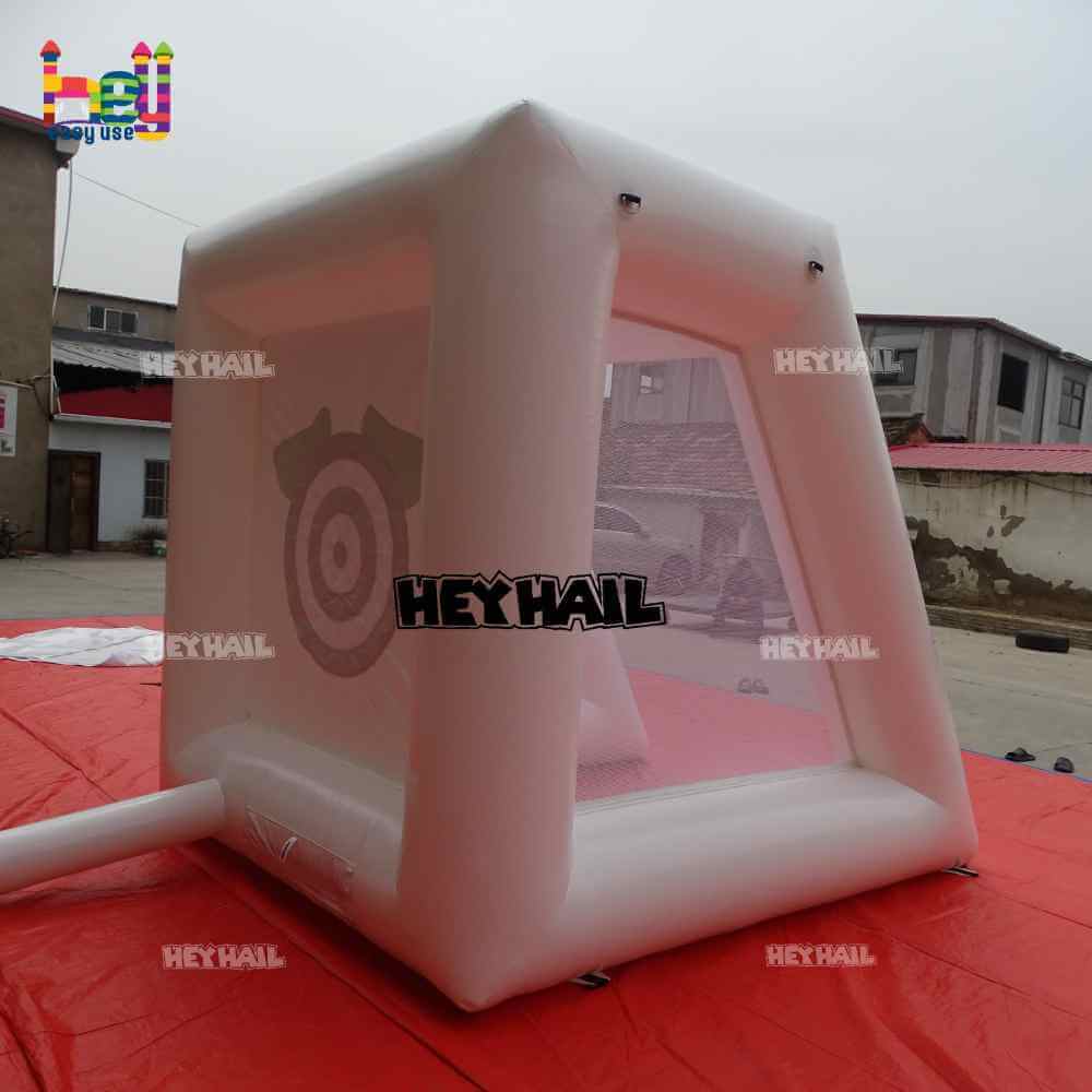 Angled photograph showing white inflatable framing and mesh side panels