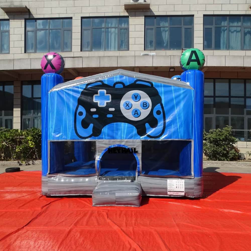 13ft gaming theme bounce house with colorful X Y B A corner accents, front view