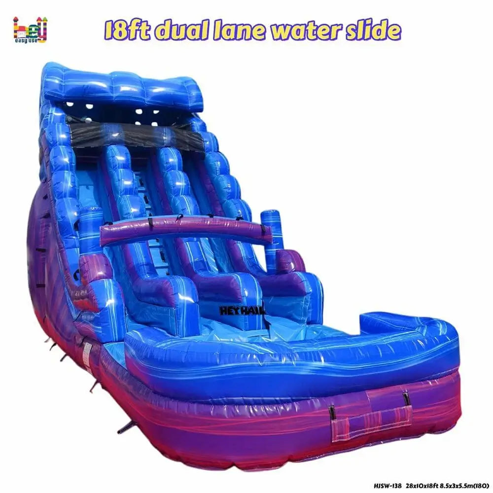 Angled product graphic of a marble blue-and-purple dual-lane inflatable water slide with an attached landing pool