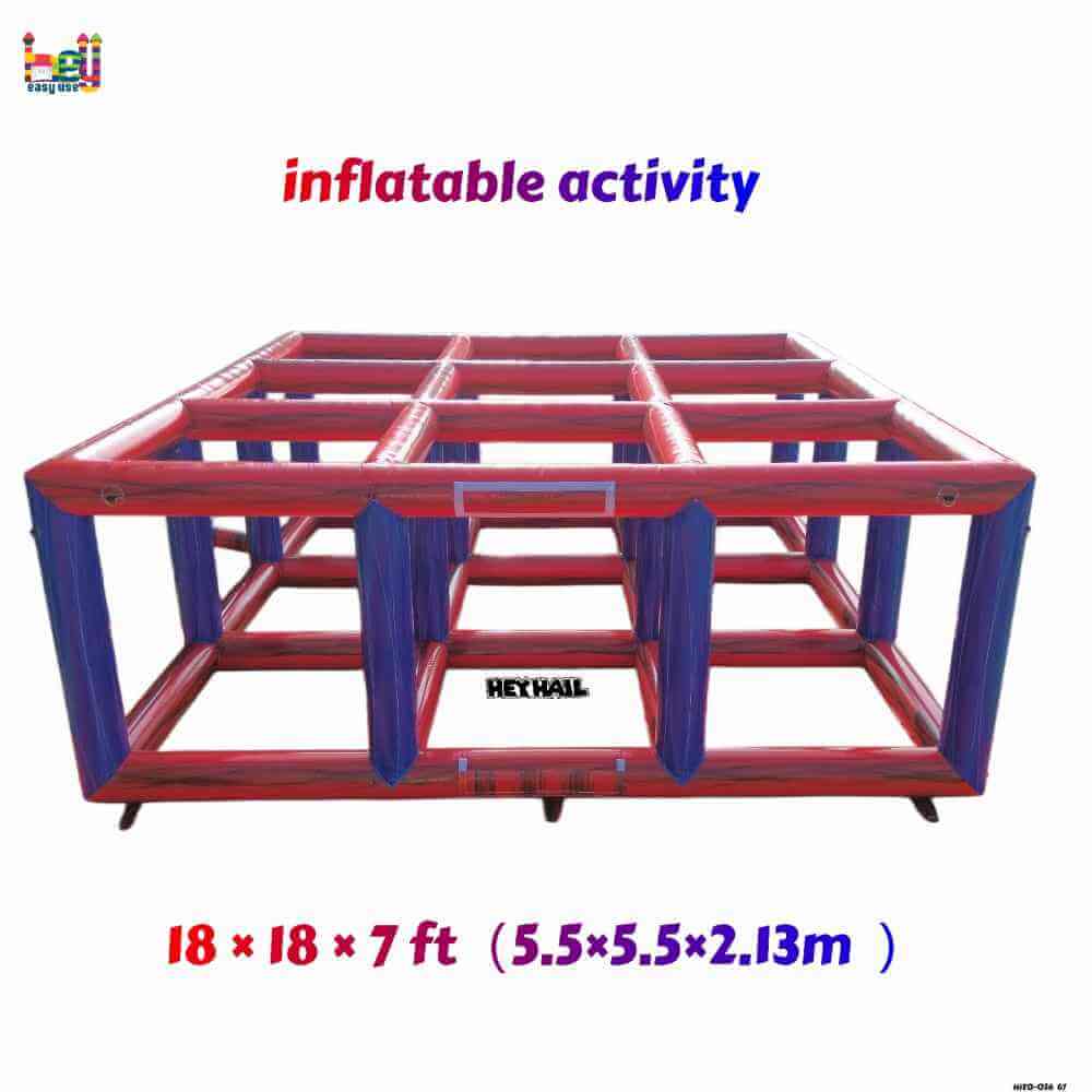 Product graphic of red-and-blue inflatable volleyball grid frame showing dimensions
