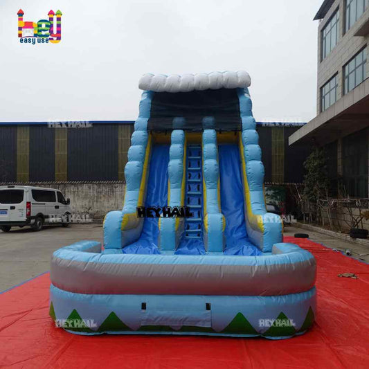 20ft dual lane water slide with deep pool, front three-quarter view