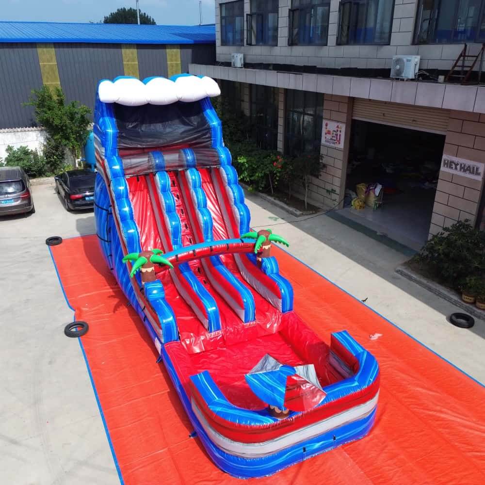 20ft blue and red dual-lane water slide with pool, front view