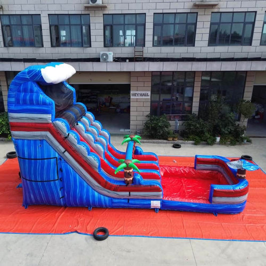 20ft blue and red dual-lane water slide with pool, side view