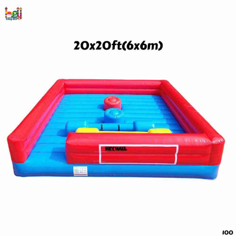 Product graphic of 20ft inflatable jousting arena showing two raised pedestals