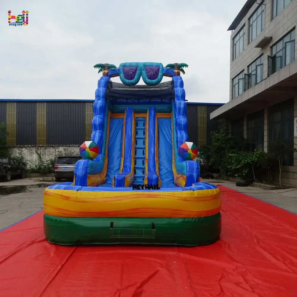 Factory front view of blue and green 20ft dual-lane water slide with two sliding lanes