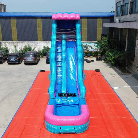 Pink and blue 22ft single lane water slide with landing pool, front view