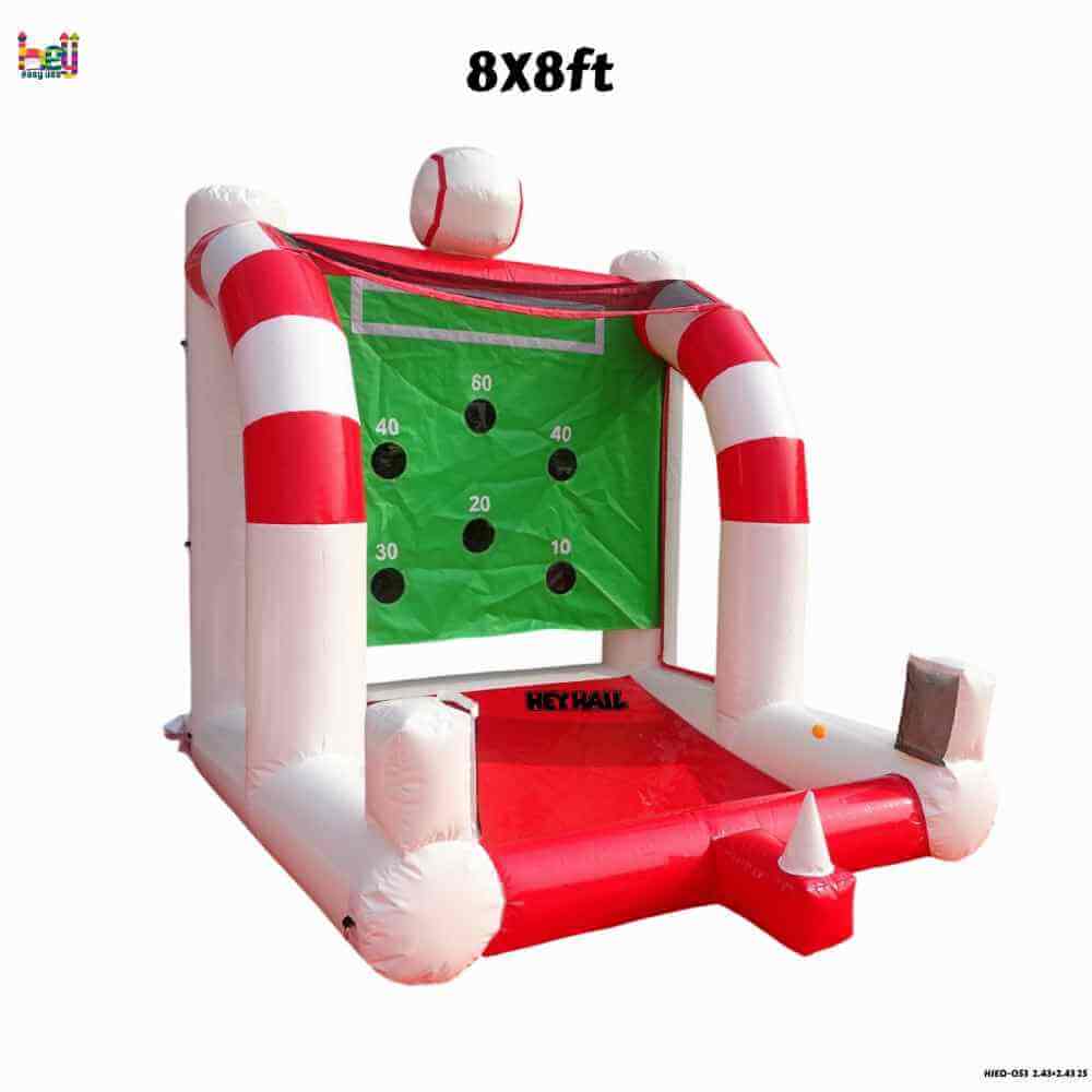 Angled product view of inflatable baseball target game with green scoring panel
