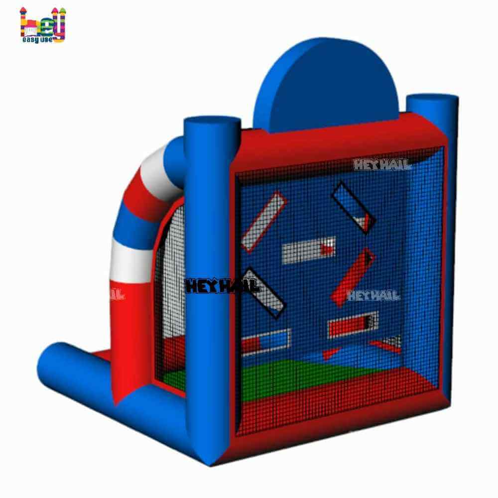 Rear angled rendering showing mesh enclosure and striped inflatable frame