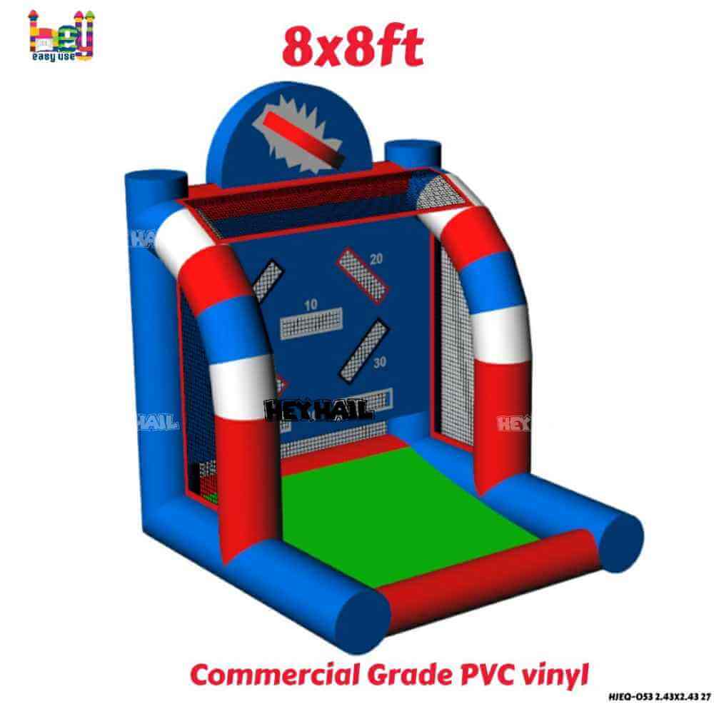 Angled front rendering of red white and blue inflatable football toss game