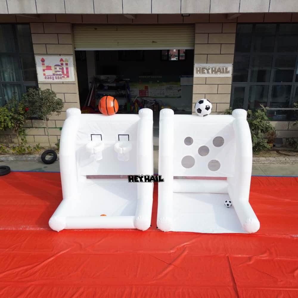 Front photograph of white inflatable basketball and soccer target game
