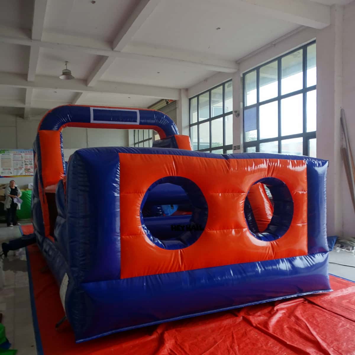 25ft blue and orange inflatable obstacle course rear view