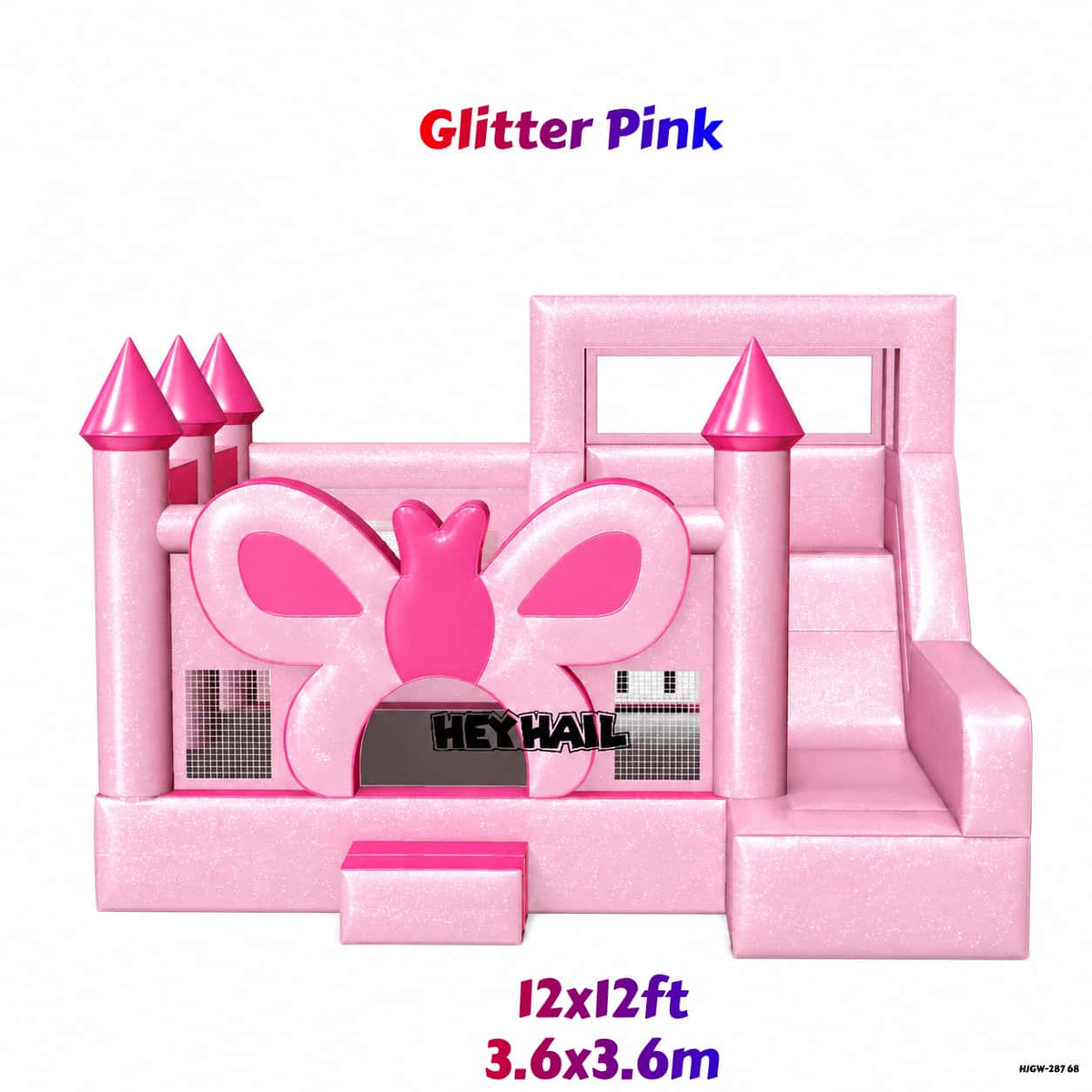 12x12ft pink glitter bounce house with butterfly entrance and castle towers