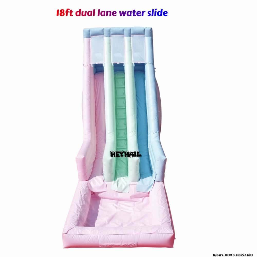 Pastel 18ft dual lane water slide front view with splash pool
