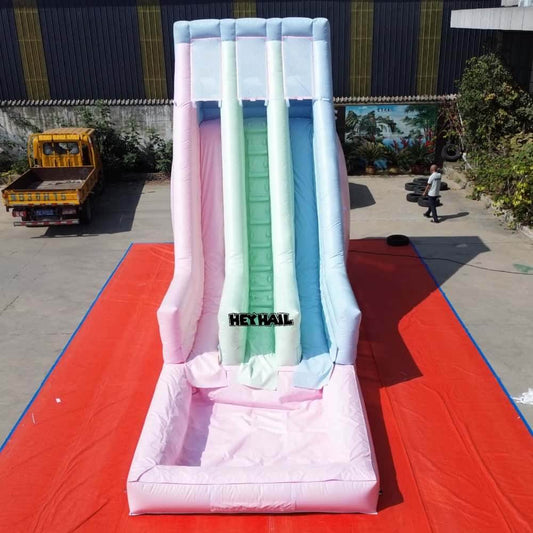 Pastel 18ft dual lane water slide front view at factory
