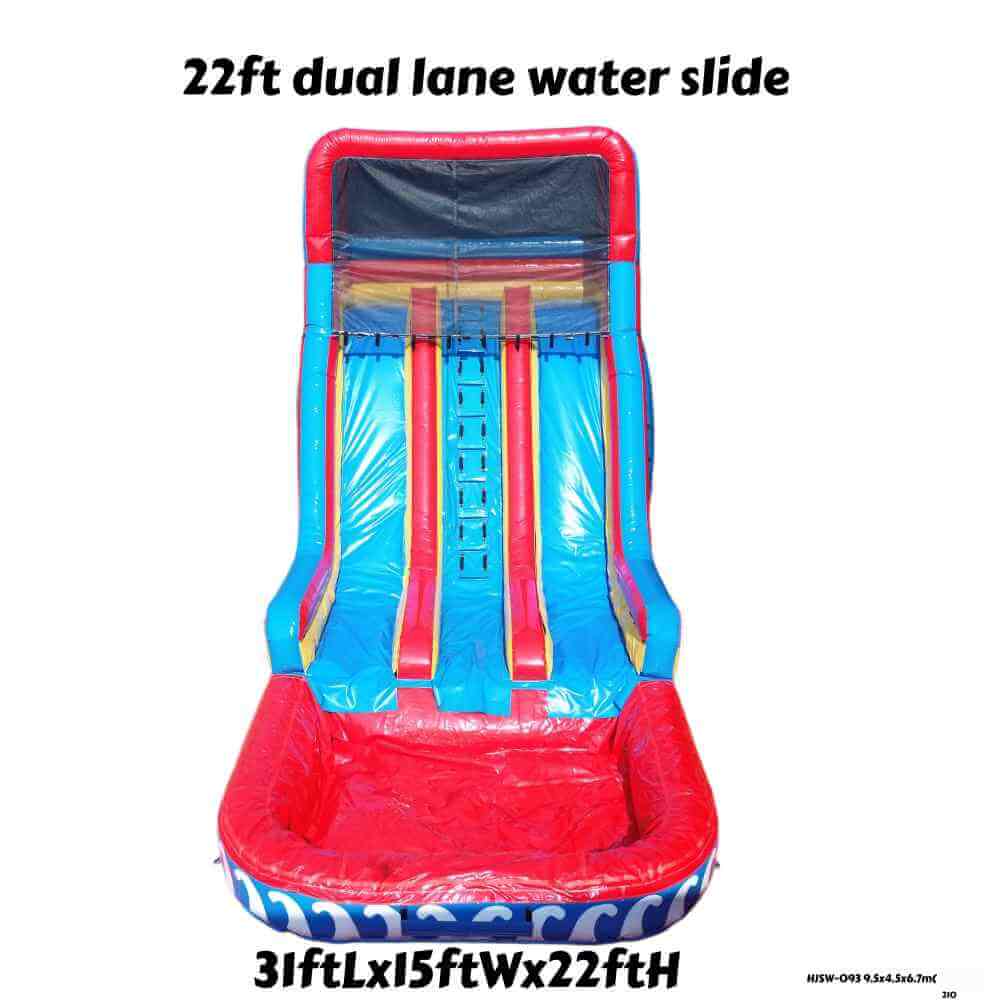 Front view of red blue yellow 22ft dual lane water slide with attached deep pool