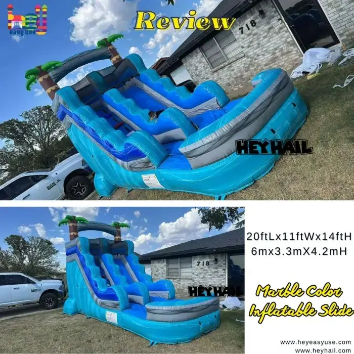 Product review graphic showing two views of teal, blue, and gray 14ft single-lane water slide with attached landing pool and 20 x 11 x 14 ft dimensions