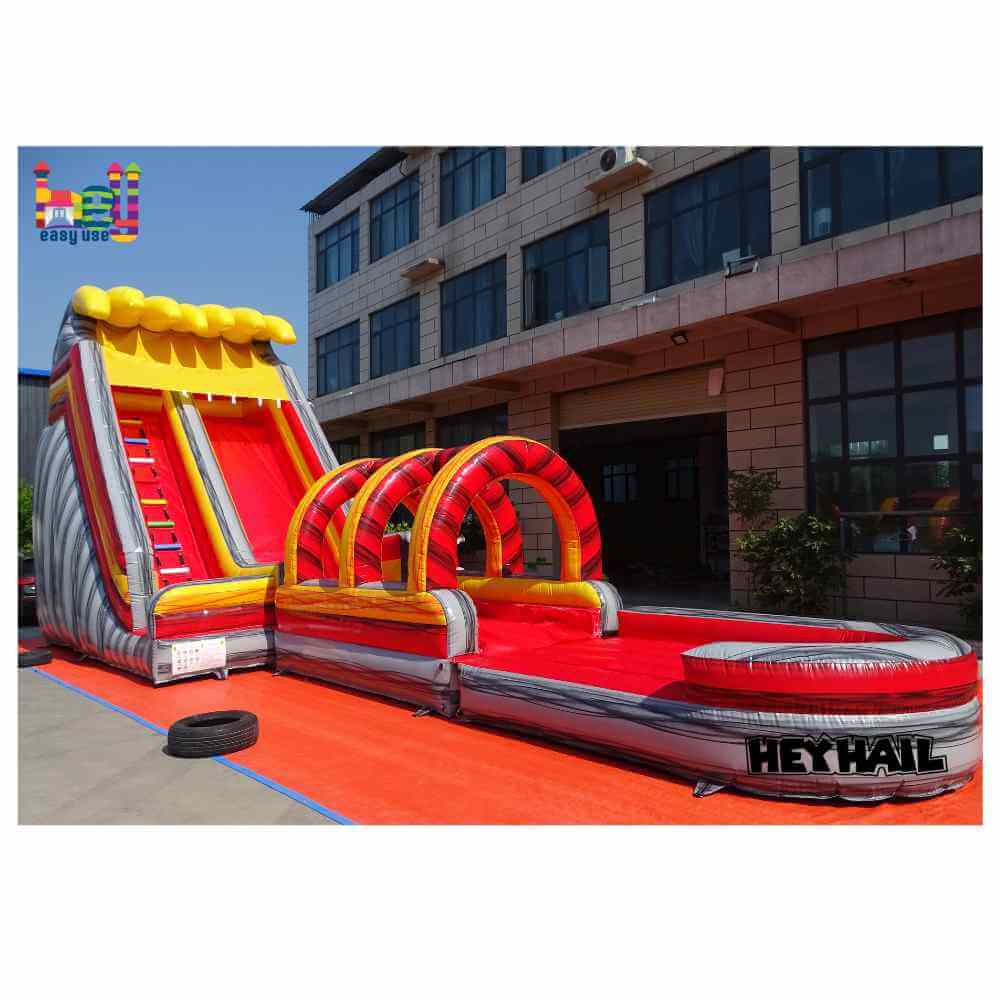 Alternate view of red yellow marble 22ft dual lane water slide with detached slip-and-slide extension