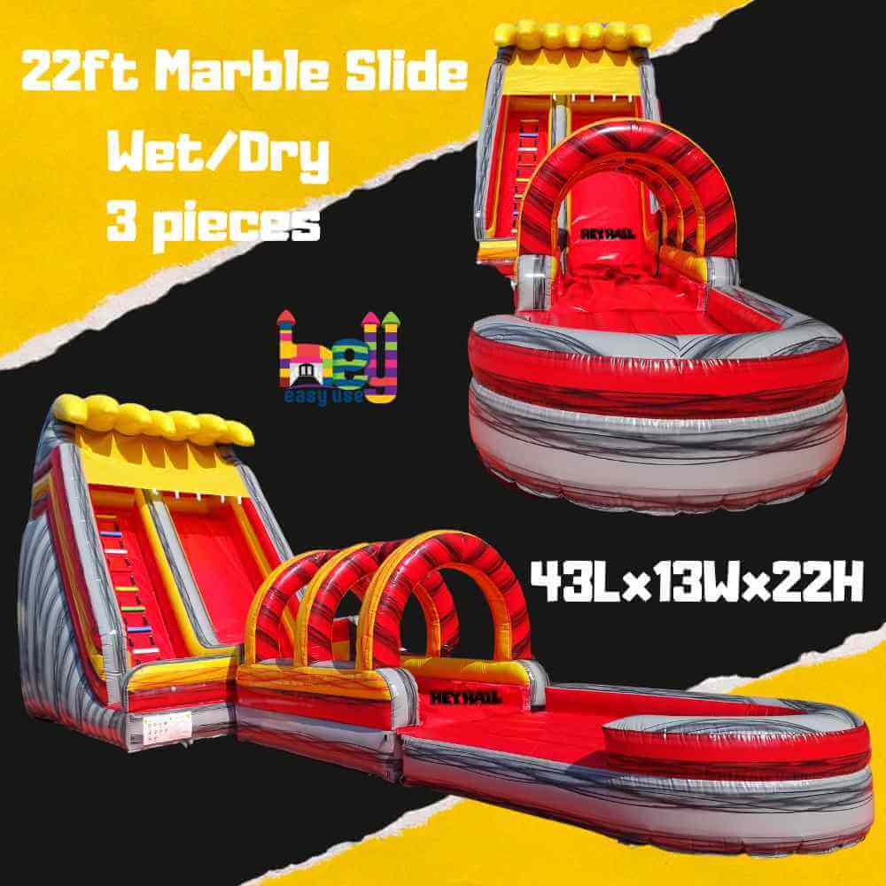 Front view of red yellow marble 22ft dual lane water slide with detached slip-and-slide extension