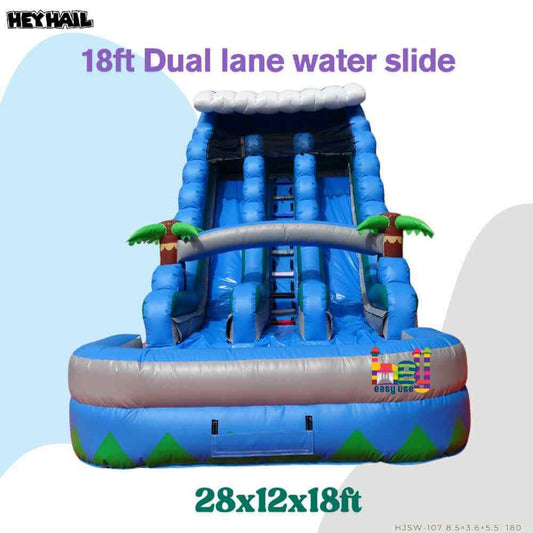 18ft Blue Tropical Dual-Lane Water Slide with Pool