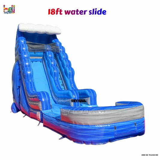 White-background product image of blue-and-gray 18ft single-lane water slide with front splash pool
