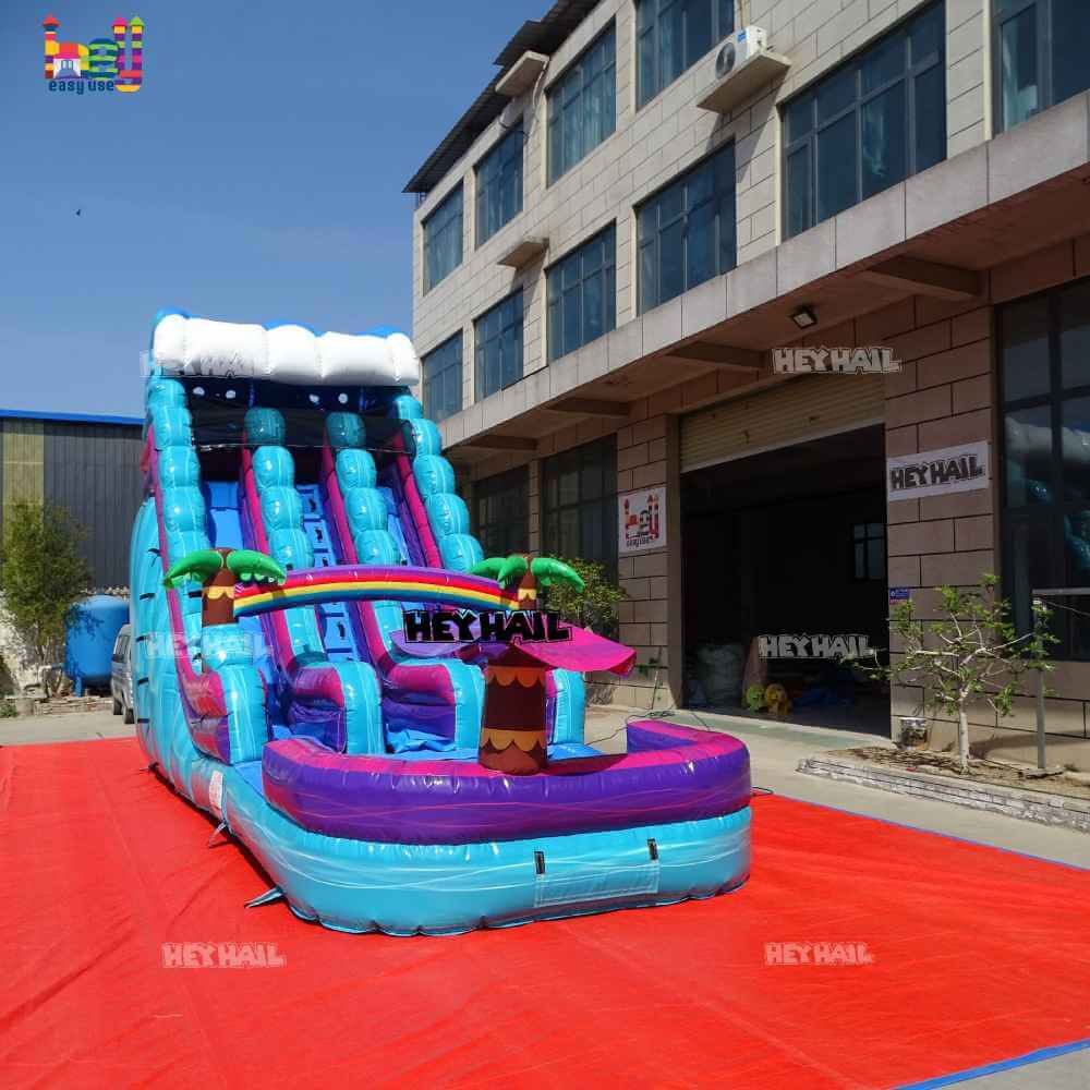 18ft Teal Tropical Dual-Lane Water Slide with Pool