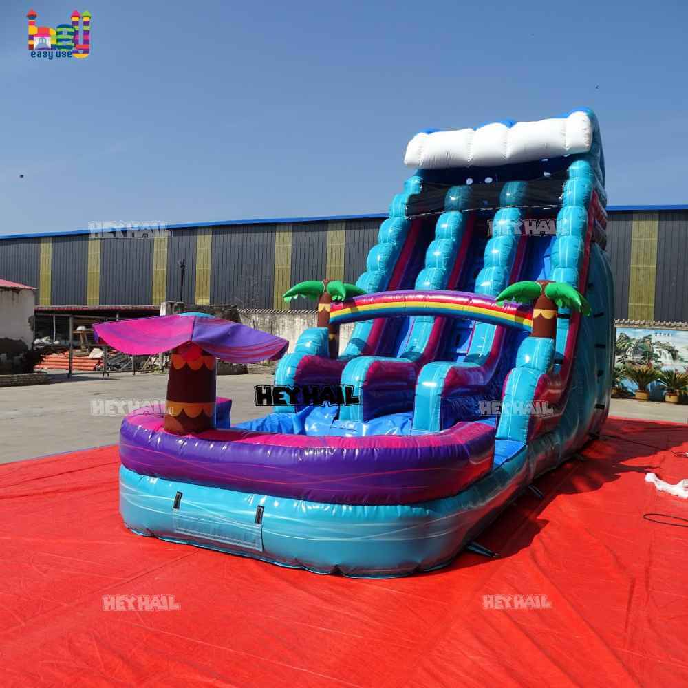 18ft Teal Tropical Dual-Lane Water Slide with Pool