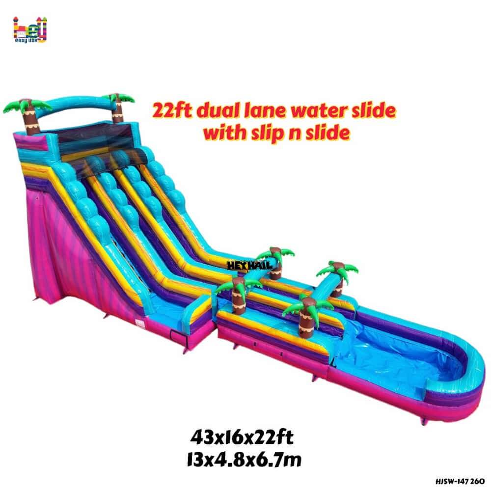 22FT Commercial Dual Lane Water Slide with Pool full product view and dimensions