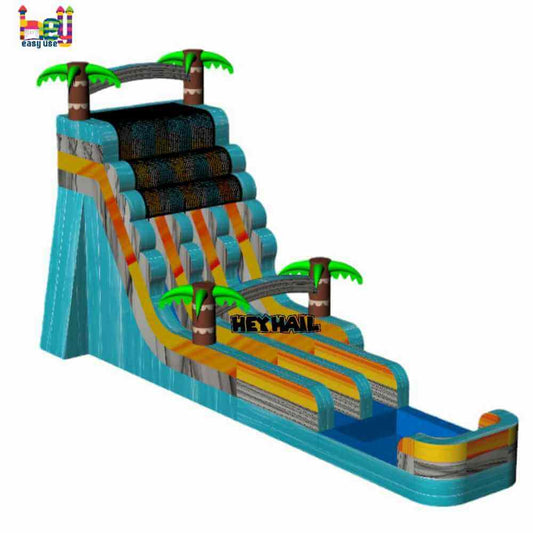 20ft tropical dual lane water slide with deep pool, front three-quarter view