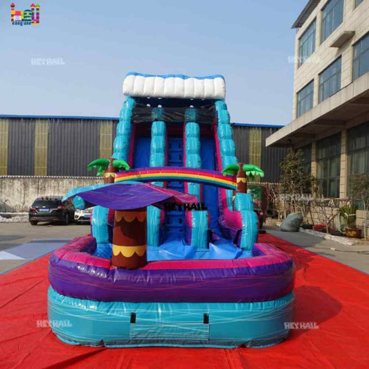 18ft Teal Tropical Dual Lane Water Slide with Rainbow Pool