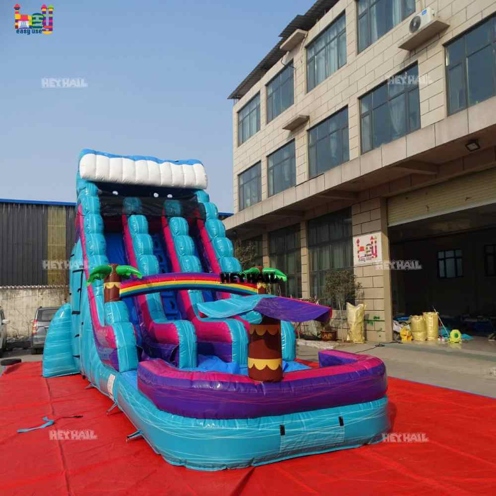 18ft Teal Tropical Dual Lane Water Slide with Rainbow Pool
