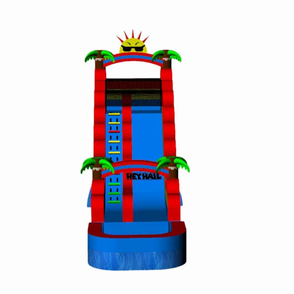 Commercial 20ft single water slide front view with climbing ladder, palm trees, and splash pool