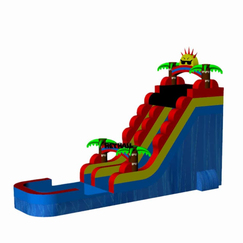Commercial 20ft single water slide side view with palm trees, stairway, and splash pool