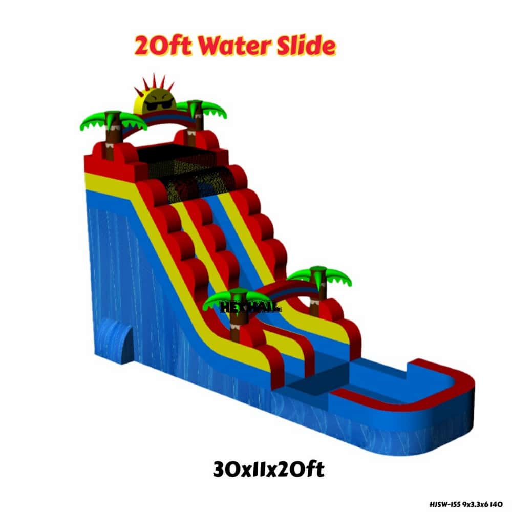 Commercial 20ft single water slide with palm trees and splash pool, front view