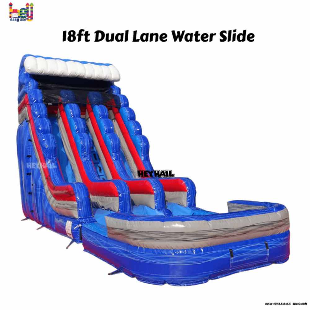 18ft Blue and Red Dual-Lane Water Slide with Pool