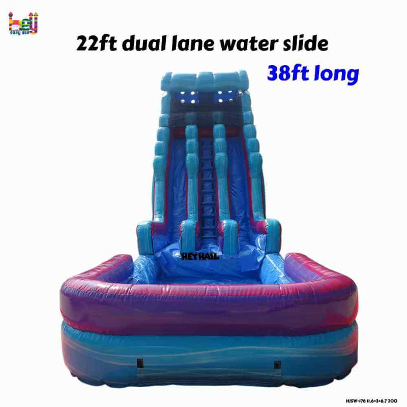 Front view of blue and purple 22ft dual lane water slide with attached deep pool
