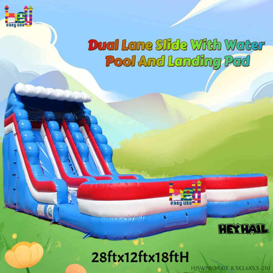Commercial 18ft Red, White & Blue Double Lane Water Slide with Pool