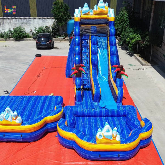 Front view of 18ft blue mountain commercial water slide with pool