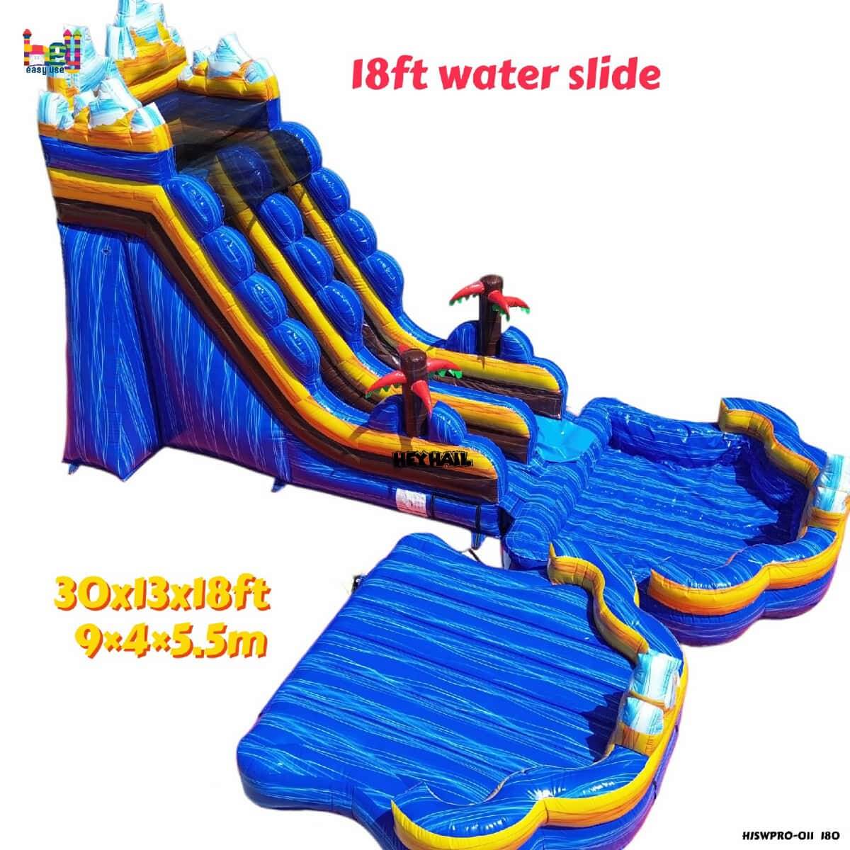18ft blue mountain water slide with pool, 30 x 13 x 18 ft size diagram