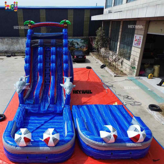 18ft Blue Dolphin Dual Lane Inflatable Water Slide with Pool – 30ft Long